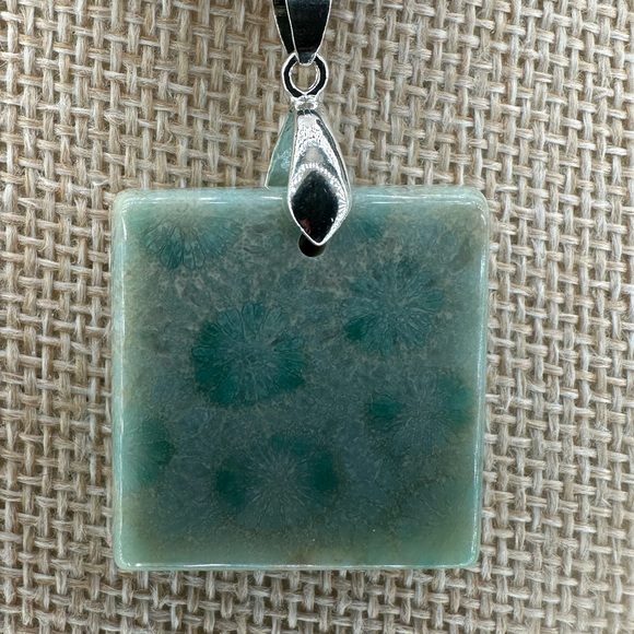 Light Green Coral Fossil Pendant Necklace on Black Satin Rope - Picture 3 of 15